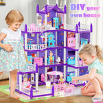 4 Stories Dollhouse for Girls, DIY Doll House Accessories Playhouse with Furniture and 11 Rooms, Pretend Play House with Lights for Kids, Portable Building Dolls Playset Toys Kit Gift for Ages 6+