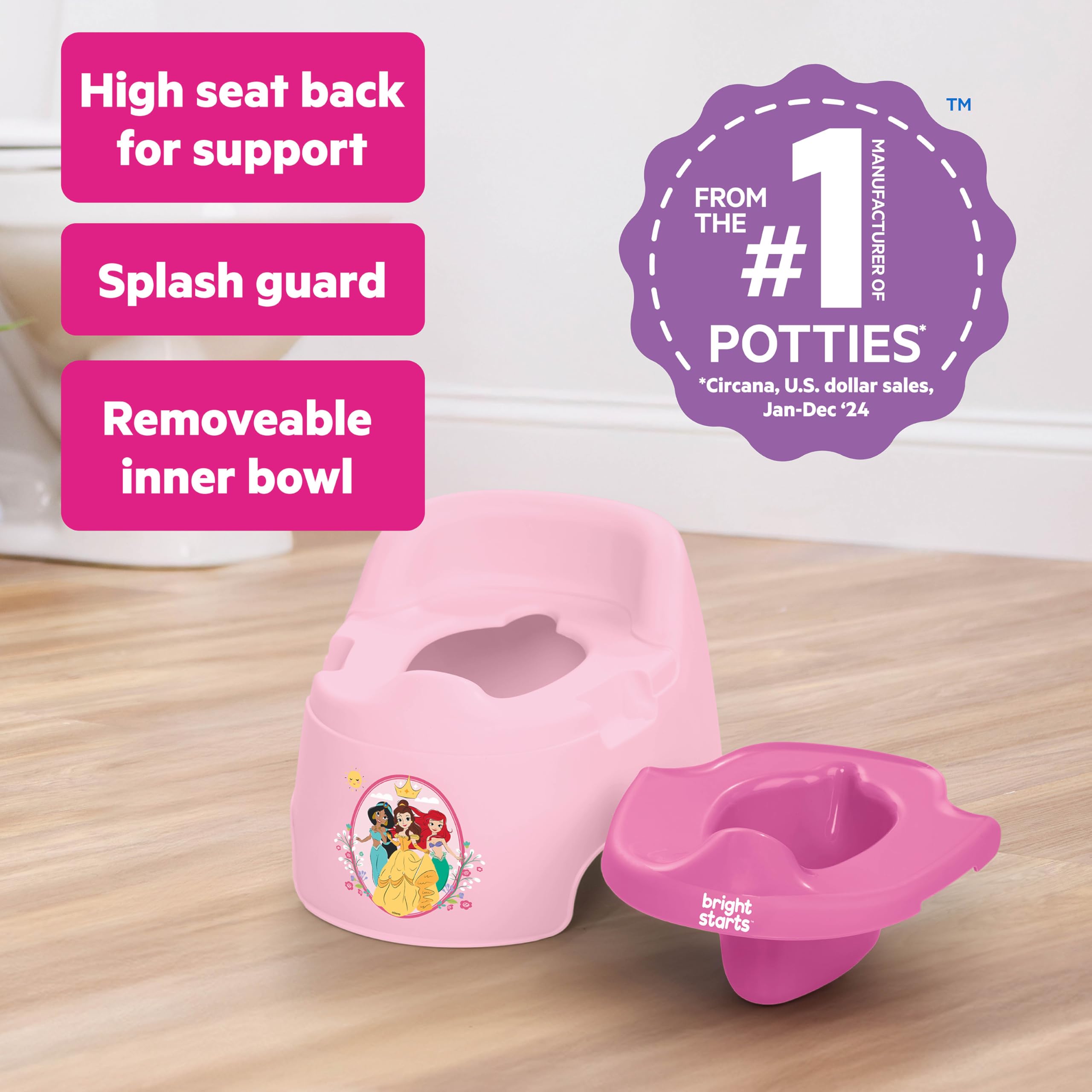 Bright Starts Disney Princess Full Comfort Potty Training Toilet, Easy Clean Removable Bowl, Splash Guard, High Back for Comfort & Stability, Toddlers up to 50 lbs