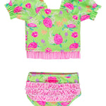 RuffleButts Baby/Toddler Girls UPF50+ Puff Sleeve Ruffle Tankini 2-Piece Swimsuit - Neon Turtle Tide, 2T