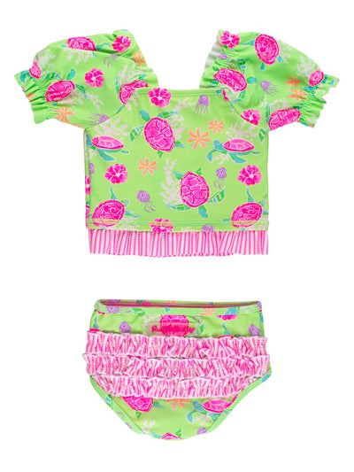 RuffleButts Baby/Toddler Girls UPF50+ Puff Sleeve Ruffle Tankini 2-Piece Swimsuit - Neon Turtle Tide, 2T