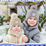 3 Pack Baby Winter Hats with Earflaps, 2 Size Kids Pom Pom Beanie for Infant Toddler Children, Smiley Face Hat for Girls Boys