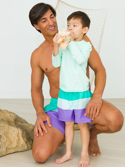 RUGGEDBUTTS Boys UPF50+ Sun Protection Striped Color Block Swim Trunks - Marine Color Block, 3T