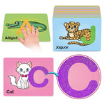 Educational flashcards with animals and letters, including an alligator, a jaguar, and a cat, on a white background.
