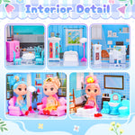 AmiDear Dollhouse with 4-Story 11 Rooms, Dream Gift Princess Doll House Playset with Furniture, Blue Toddler House with Pool Slide for 3 4 5 6 7 8 9 10 Year Old Girls Kids
