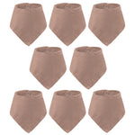 Nine brown baby bibs arranged in three rows on a white background
