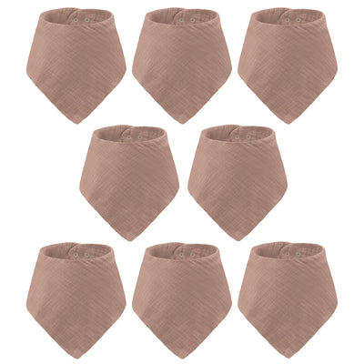 Nine brown baby bibs arranged in three rows on a white background