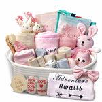 30-Piece Baby Girl Shower Gift Basket Set - Newborn Essentials, Large Pink Gift Basket With Rattle, Swaddle, Diaper Caddy Organizer