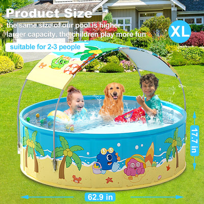 Foldable Swimming Pool with Canopy for Kids 62.9"x17.7" Hard Plastic Portable Dog Pool Anti-Slip Collapsible Pets Bathtub Kiddie Pool Indoor Outdoor Backyard (JellieMons 63'')