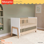 Dream On Me Fisher-Price Iris 4-in-1 Convertible Full-Size Baby Crib in Vintage White Oak, GreenGuard Gold & JPMA, Sustainable Pinewood, Converts to Day & Toddler Bed with Guard Rails & Kids Sofa