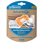 Dr. Brown's Advantage One-Piece Silicone Baby Pacifier, Fully Symmetrical Soother, Dark Blue/Light Blue/Orange, 6-18m, BPA Free, 3 Pack
