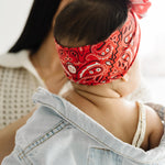 Baby Bling Bows - Newborn to Little Baby Girl Bows, 2PK PRINT SOLID KNOTS Nylon Super Soft Stretchy Toddler Headbands, Perfect Hair Accessories Head Bands for Infant Kids (Red Bandana & Navy)