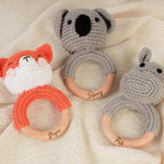 Personalized Crochet Baby Rattle, Wooden Animal Crochet Rattle, Wooden Rattle Ring with Engraved Baby Name, Baby Shower Gifts, Newborn Gifts
