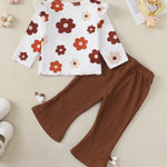 Kucnuzki Toddler Girl Clothes Long Sleeve Round Neck Tops Ruffle Floral Shirts Solid Color Bell Bottom Pants For Baby Girl Clothes 18-24 Months 2 Piece Outfit
