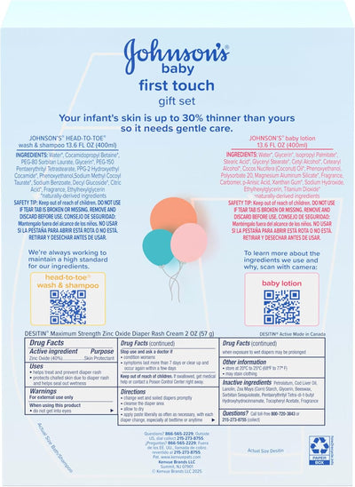Johnson's First Touch Baby Gift Set, Baby Bath, Skin & Hair Essential Products, Kit for New Parents with Wash & Shampoo, Lotion, & Diaper Rash Cream, Hypoallergenic & Paraben-Free, 4 items
