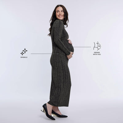Motherhood Maternity Women's Long Sleeve Mesh Turtleneck Maxi Pregnancy Bodycon Dress, Gold Lurex