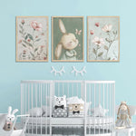 3Pcs Nursery Bunny Wall Art Cute Rabbit Botanical Flowers Wall Decor Green Nursery Pictures Posters Girl Bedroom Canvas Prints for Girls Room Baby Room Paintings Unframed