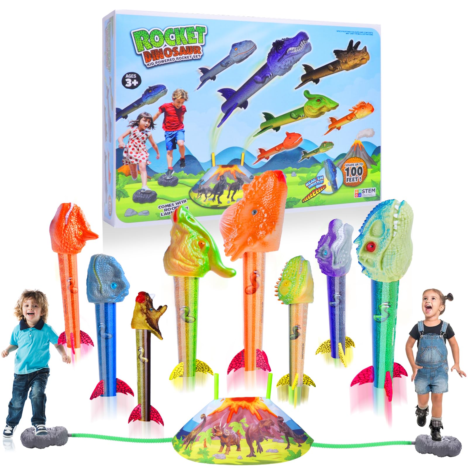 Dinosaur Toy Rocket Launcher for Kids - Launch Up to 100 Ft, 4 Rockets, Outdoor Outside Toys for Kids, Dinosaur Toys, Birthday Gifts for 3 4 5 6 7 8-12 Year Old Boys Girls