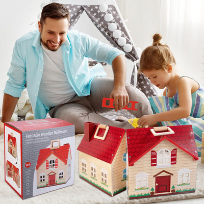 WOODMAM Foldable Wooden Doll House with 13pcs Furniture, 4 Rooms and 2 Flexible Dolls, Pretend Play House Set with Portable Handle, Christmas Birthday Gift for Boys Girls Kids Age 3+