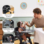 Momcozy DinerPal Wooden High Chair for Babies, Toddlers & Adults Up to 308 Lbs, Convertible Baby Highchair with Food-Grade Tray, Dishwasher-Safe, Adjustable & Ergonomic, Midnight Black