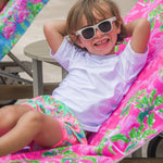 RUGGEDBUTTS Boys UPF50+ Sun Protection Dolphin Hem Swim Trunks - Neon Flamingo Fun, 18-24m