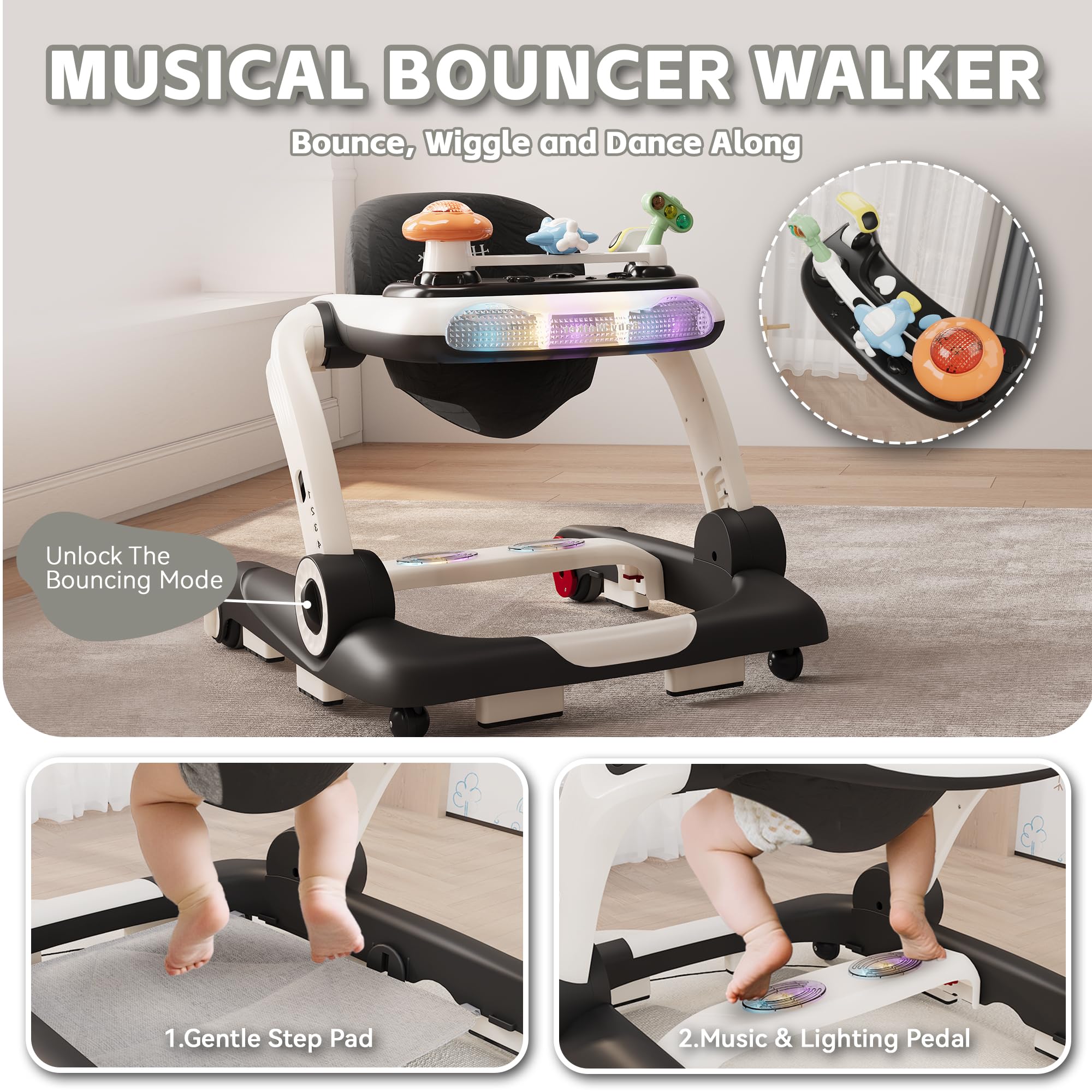 Baby Walker,4-Gear Height Adjustable Baby Walker with Wheels,5 in 1 Baby Activity Center,Music and Lights Bouncer Walker for Baby Boy 6-18 Months,Adjustable Speed Baby Push Walker