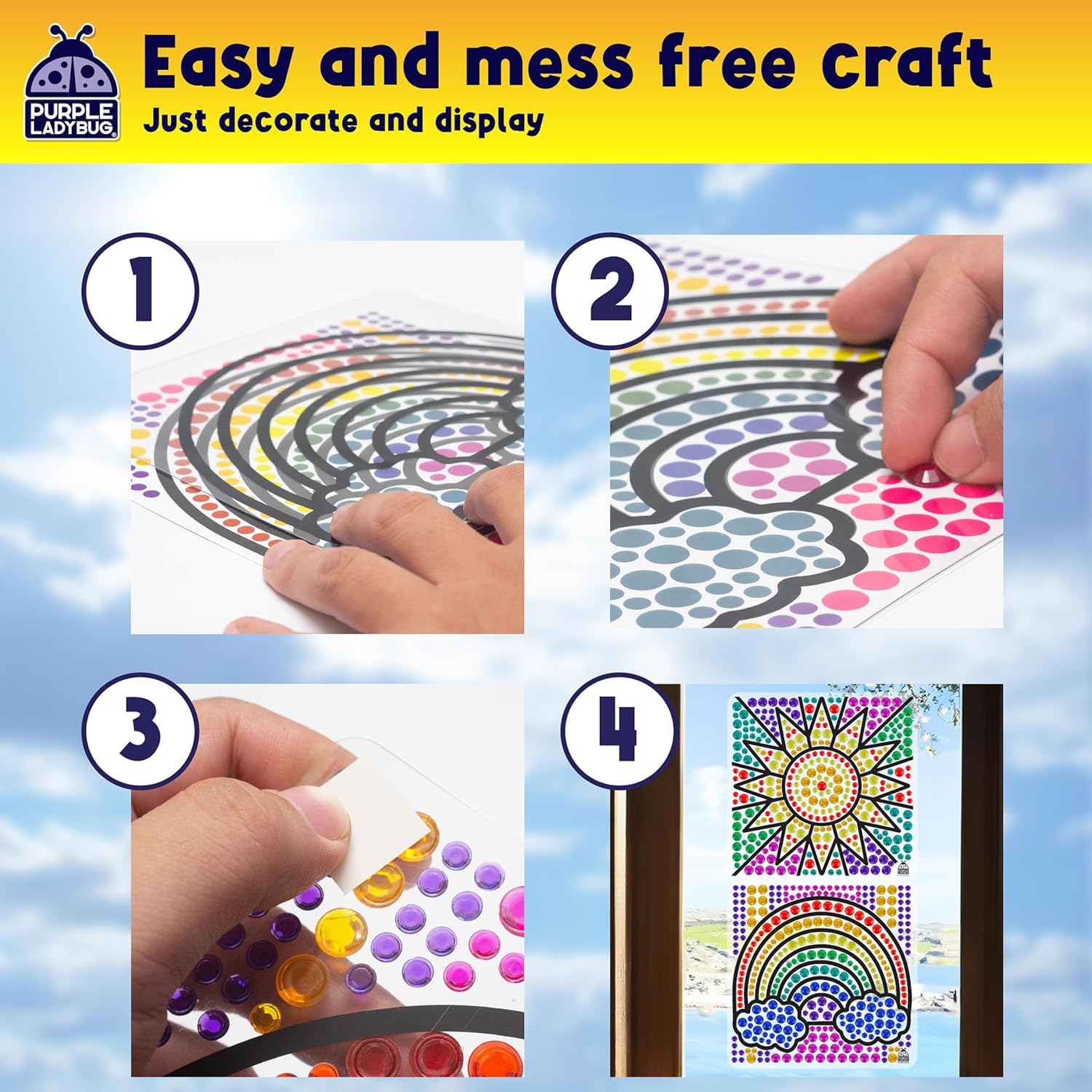 PURPLE LADYBUG Sungemmers Window Gem Art Suncatcher Kits - Summer Activities for Kids, Birthday Gifts for Girls & Boys, Crafts for Ages 4-10, Fun DIY Art Kit for Kids 6-12
