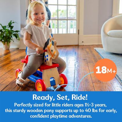 Fisher-Price Retro Wooden Pony Ride-On Toy for Toddlers, Real Wood Ride-On by Dynacraft with Under-Seat Storage, Indoor Floor-Friendly Wheels, Classic Vintage Style for Ages 1.5–3 Years, 1-Count