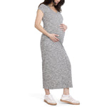 Motherhood Maternity Women's Short Sleeve V-Neck Henley Rib Knit Bodycon Maxi Pregnancy Dress, Heather Grey, Small