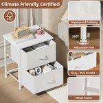 Somdot Nightstand, Small 2 Drawer Dresser End Table, Chest of Drawers, Bedside Table Night Stand End Table with Fabric Bins for Bedroom Kids Closet Dorm Guest Room, White Leather