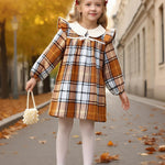 Little Girls Clothes 3t 4t Girl Fall Clothes Cute Brown White Plaid Winter Kids Dress Toddler Long Sleeve Swing Checkered Dresses Toddler Outfit
