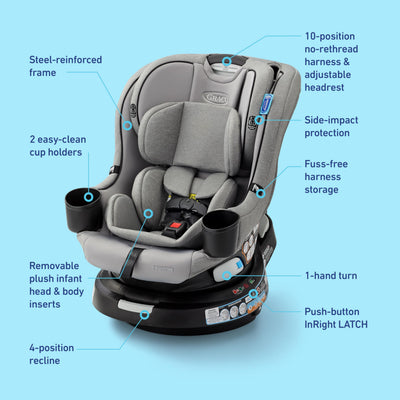 Graco EasyTurn 360 2-in-1 Convertible Car Seat, 360 Degree Rotating Infant to Toddler Rotating Car Seat, 2 Modes Forward and Rear Facing, Slim Design, Solae