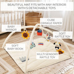Beautiful Baby Play Gym and Tummy Time Mat - Soft Mat with 5 Farm Toys Creates The Perfect Activity Area for Your Girl/Boy - Stylish Infant Floor Playmat Fits Nicely with Any Playroom Decor