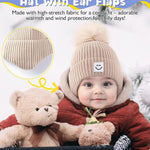3 Pack Baby Winter Hats with Earflaps, 2 Size Kids Pom Pom Beanie for Infant Toddler Children, Smiley Face Hat for Girls Boys