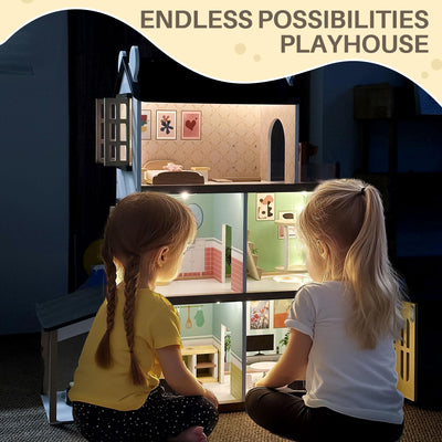 Luxury Wooden Dollhouse with Light-Designed, Modern Dollhouse with 20 Pieces of Furniture and Spiral Staircase, Ideal Gift for for Kids Ages 3+