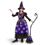 Spooktacular Creations Halloween Witch Costume Kids, Light Up Witch Dress with Hat and Broom for Girls, Toddlers Bat Outfit Set for Halloween Costumes Role Play Parties, Purple (3T(3-4 yrs))
