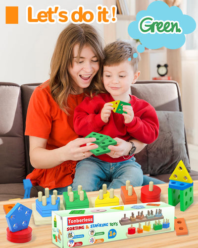Tonberless Montessori Toys for 1 2 3 Year Old Boy Girl, Toys for Ages 2-4 Toddlers Kids Baby, 1 2 Year Old Boy Girl Birthday Gifts, Wooden Learning Puzzles Shape Sorter Toys for Toddlers 1-3