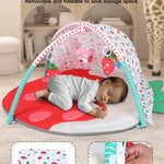 Heypappy Tummy Time Mat, 9-in-1 Strawberry Baby Play Gym Mat, Oversize Baby Play Activity Mat with Sunshade & 6 Detachable Sensory Toys, Washable Non-Slip Mat for Newborn Infant Baby Essentials Gift