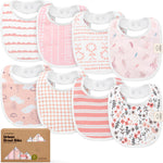 Set of baby bibs with various patterns on a white background