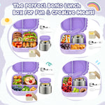 Aimsnk Magical Dinosaur Kids Lunch Box Set -12oz Insulated Food Jar, Leakproof Lunch Food Containers Cutlery, Leak-Proof Sauce Cup & Spoon, Purple+Jar
