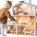 ROBUD Doll House, Wooden Dollhouse with 6 Rooms, 29-pcs Realistic Accessories, Dollhouse Playset for 4-6 Inch Dolls, Gifts for Kids & Toddlers, Nordic Style, Ages 3+