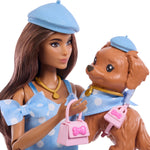 Barbie Twinning Looks Doll with Pet Dog in Matching Blue Polka Dot Clothes and Accessories for Both Like Berets and Purses, Brown Hair