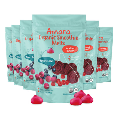 Amara Organic Smoothie Melts packaging with yogurt snacks on a white background