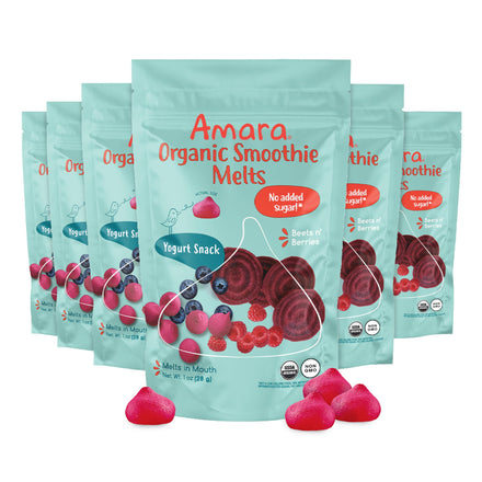 Amara Organic Smoothie Melts packaging with yogurt snacks on a white background