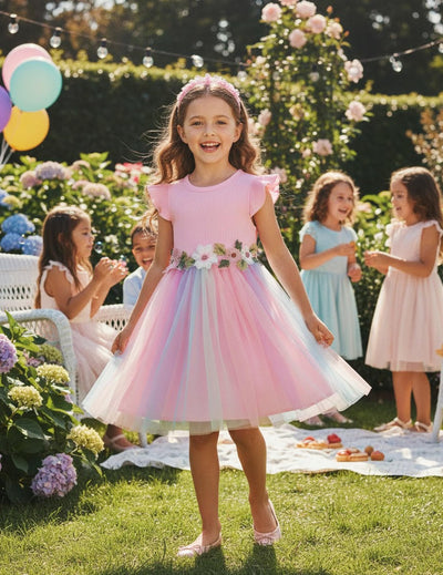 PATPAT Girl's Tulle Dress Tutu Party Birthday Poster Formal Fancy Flower Princess Dresses Pink 5-6 Years