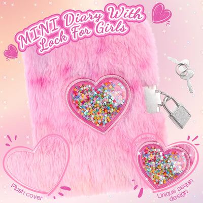 PrinBarBee MINI Heart Diary for Girls with Lock and Keys, 4.7x6.1in Cute Plush Diary Secret Diary, Writing Journal Lined Pages Notebook Sequined Design Birthday Gift Set for Kids ages 6-8