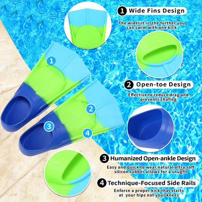 Fanwill Kids Swim Fins,Short Comfortable Flippers for Lap Swimming and Training for Children,Girls,Boys,Youth,Women(Blue/Green/SkyBlue XXXS)
