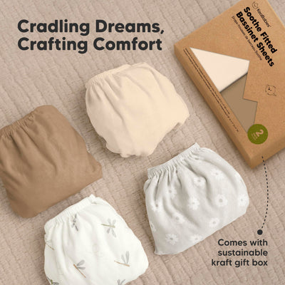 2-Pack Organic Bassinet Sheets for Girls, Boys - 100% Cotton Bassinet Mattress Sheets Compatible with Halo Bassinest Swivel Sleeper, Graco, Baby Delight, Chicco, Unisex Fitted Bassinet Sheets (Pecan)