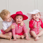 RUGGEDBUTTS Baby/Toddler Boy Swimsuit, One Piece Zipper Rash Guard Sunsuit with UPF 50+ Sun Protection - Vintage Red Gingham, 0-3m