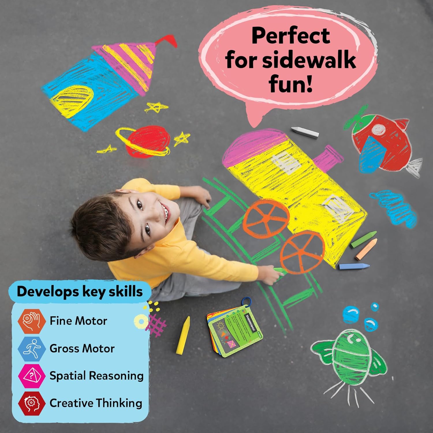 Skillmatics Sidewalk Chalk Activity Kit - Creative Outdoor Fun with 18 Washable Chalk Sticks, 15 Activities & Games for Kids, Gifts for Boys & Girls Ages 3, 4, 5, 6, 7, 8, 9, 10