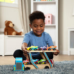 Melissa & Doug Mega Race-Car Carrier - Wooden Tractor and Trailer with 6 Unique Race Cars